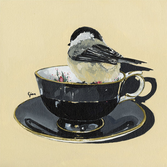 Chickadee perched on a vintage black teacup — bird art card by Birds on a Cup