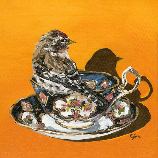 Common Redpoll perched on an ornate blue china cup — bird art card by Birds on a Cup