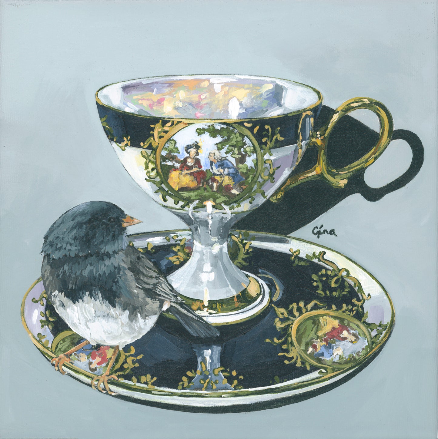 Male Dark-Eyed Junco perched on an antique Japanese long stemmed teacup — bird art card by Birds on a Cup