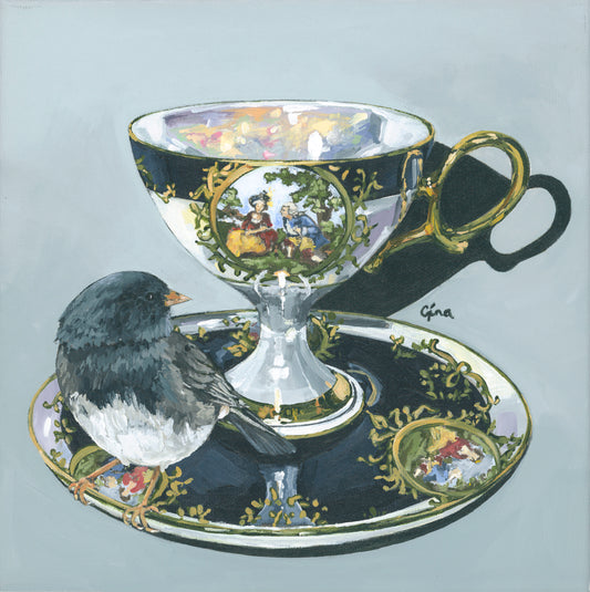 Male Dark-Eyed Junco perched on an antique Japanese long stemmed teacup — bird art card by Birds on a Cup