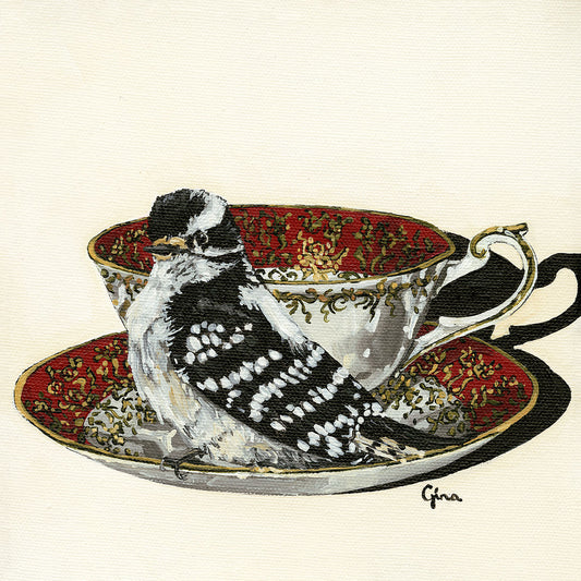 Proud Downy Woodpecker perched on a ruby and gold teacup — bird art card by Birds on a Cup