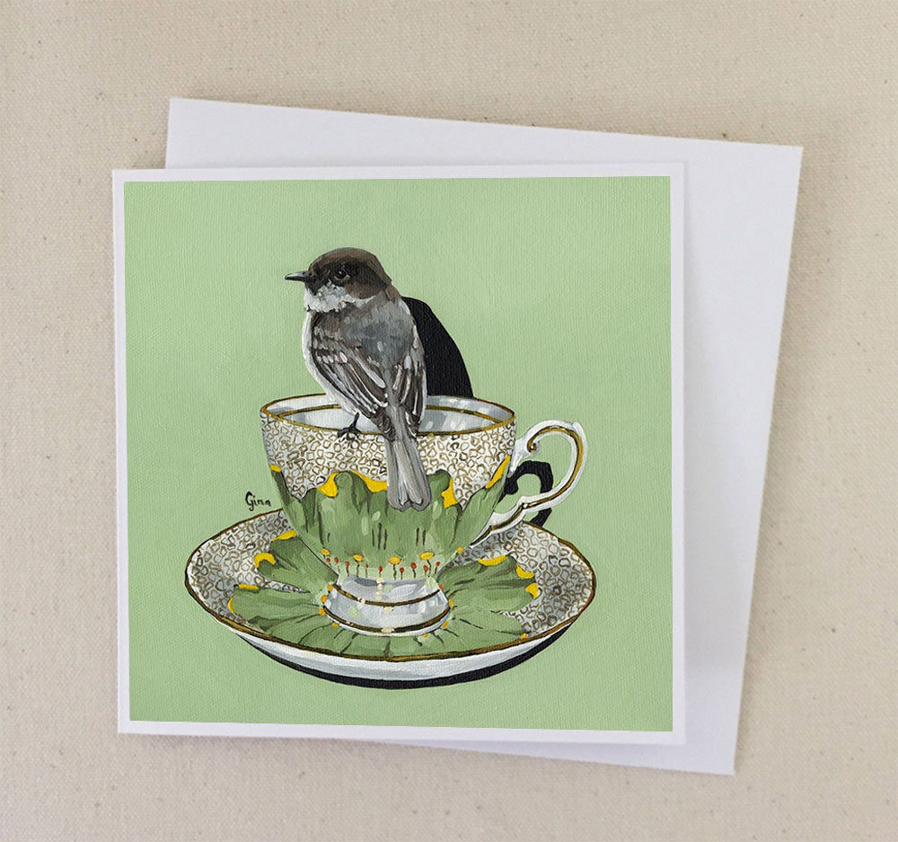 Eastern Phoebe on Vintage Delicate Painted Cup art card — Birds on a Cup
