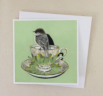 Eastern Phoebe on Vintage Delicate Painted Cup art card — Birds on a Cup