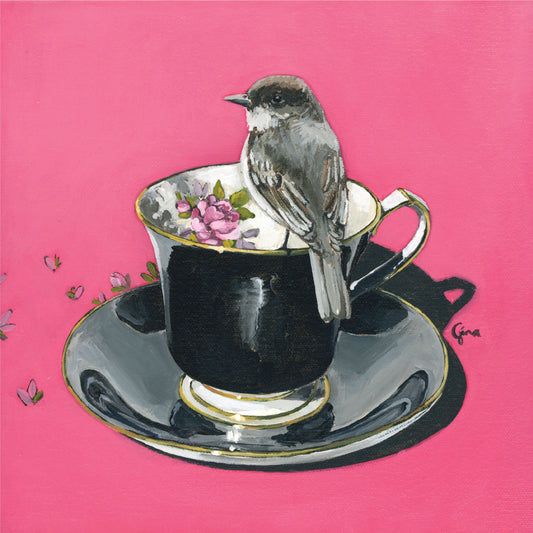 Eastern Phoebe perched on a vintage black teacup with rose interior — bird art card by Birds on a Cup