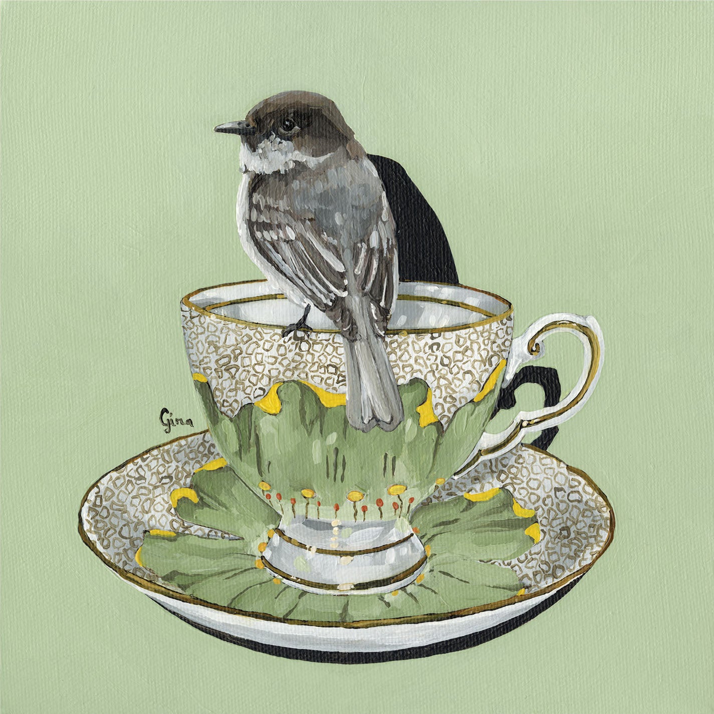 Eastern Phoebe perched on a vintage delicate painted teacup — bird art card by Birds on a Cup