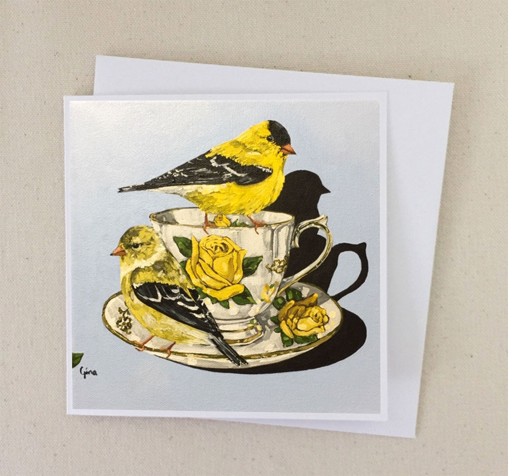Goldfinch Love Birds on Vintage Yellow Rose Teacup — Art Card