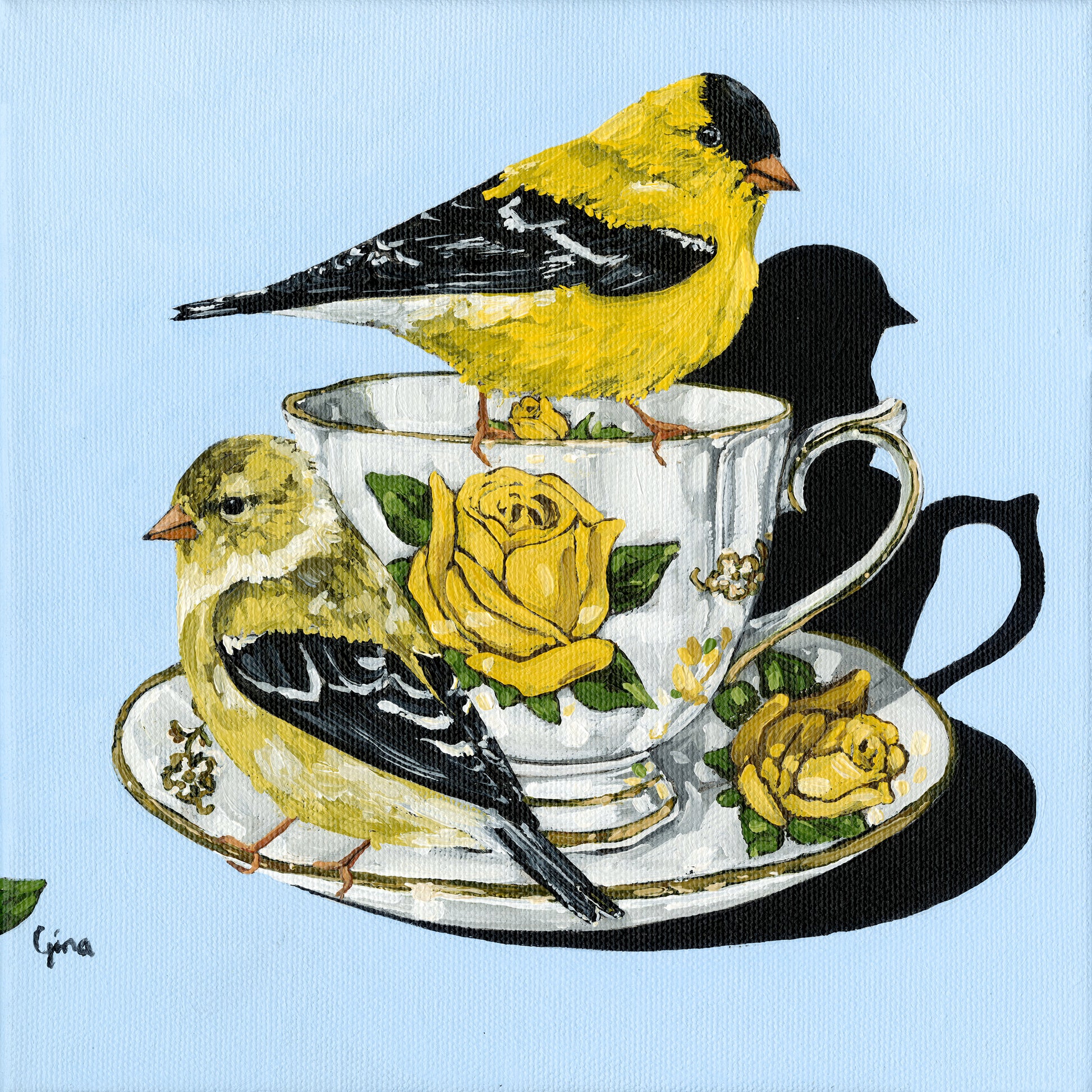 Two goldfinches on a vintage yellow rose teacup — bird art card by Birds on a Cup