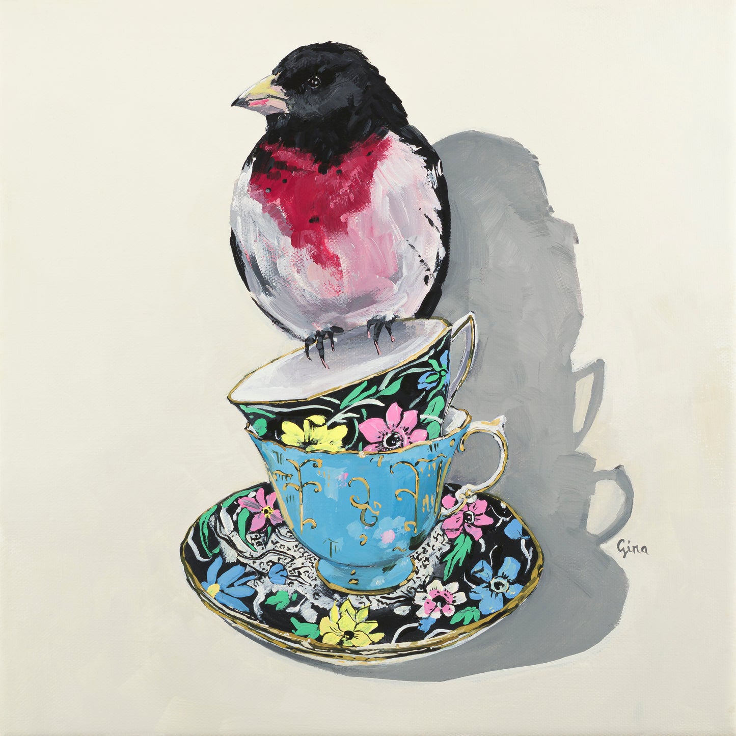 Grosbeak perched on two teacups — original acrylic painting by Birds on a Cup
