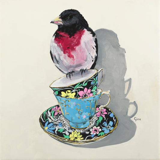 Grosbeak perched on two teacups — original acrylic painting by Birds on a Cup
