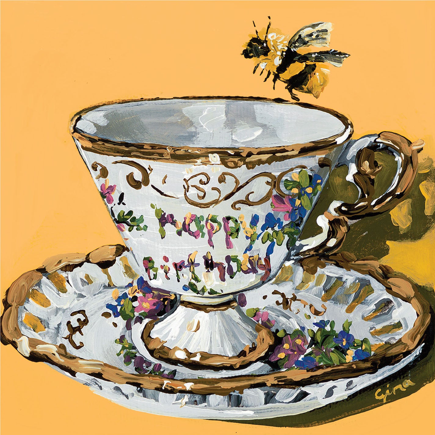Bee perched on a vintage teacup with Happy Bee Day greeting — art card by Birds on a Cup