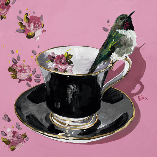 Ruby-Throated Hummingbird perched on a black teacup — bird art card by Birds on a Cup