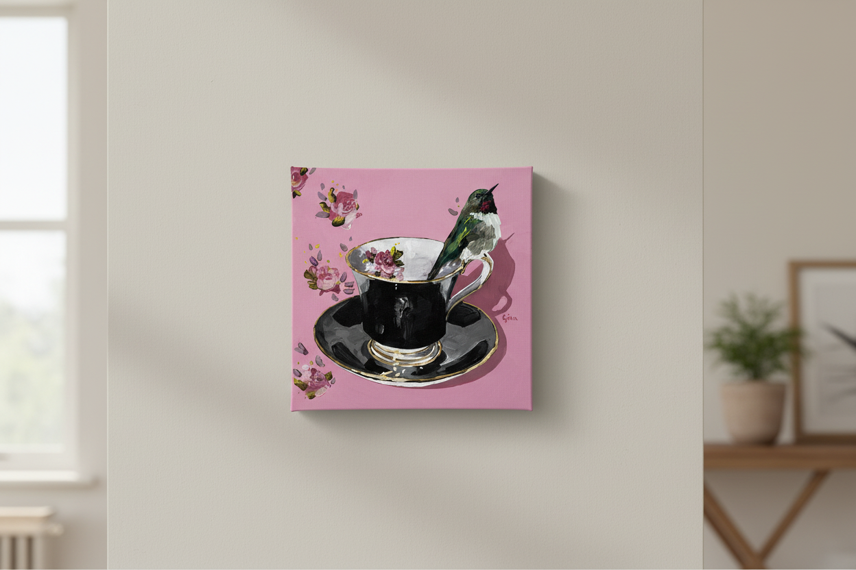 
Ruby-throated hummingbird on a teacup — 10x10 canvas print by Birds on a Cup