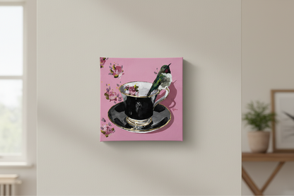 
Ruby-throated hummingbird on a teacup — 10x10 canvas print by Birds on a Cup