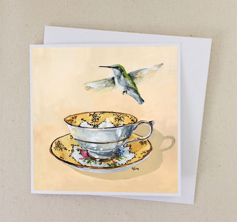 Hummingbird on Gold Rimmed Cup art card — Birds on a Cup
