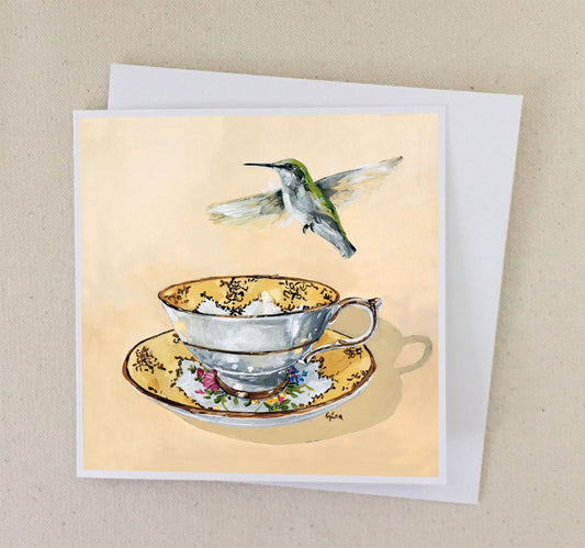 Hummingbird on Gold Rimmed Cup art card — Birds on a Cup