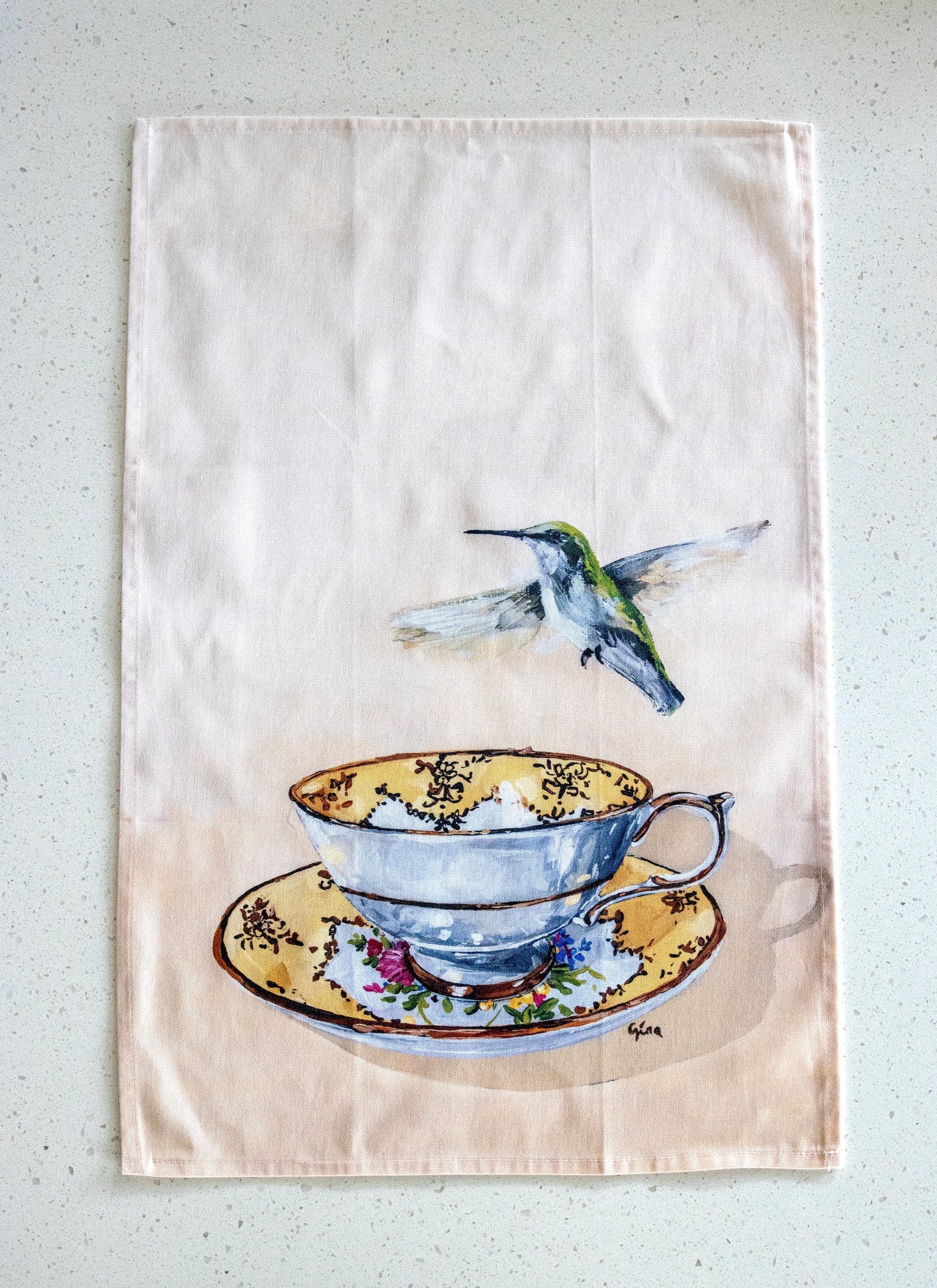 Hummingbird hovering over a teacup — bird art tea towel by Birds on a Cup