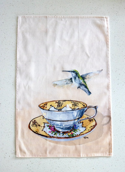 Hummingbird hovering over a teacup — bird art tea towel by Birds on a Cup
