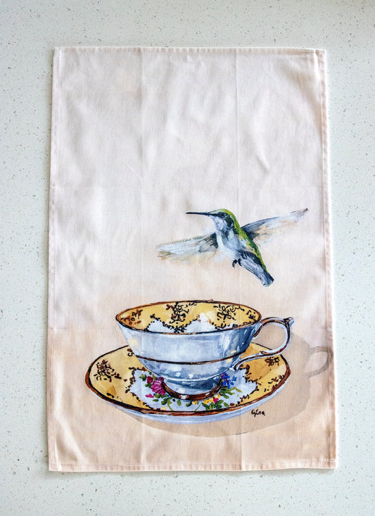 Hummingbird hovering over a teacup — bird art tea towel by Birds on a Cup