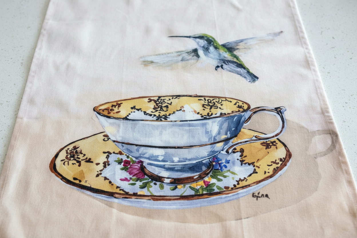 Hummingbird hovering over a teacup — bird art tea towel by Birds on a Cup