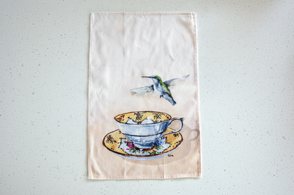 Hummingbird hovering over a teacup — bird art tea towel by Birds on a Cup