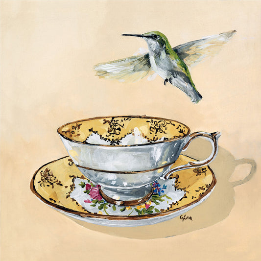 Hummingbird hovering over a gold rimmed teacup — bird art card by Birds on a Cup
