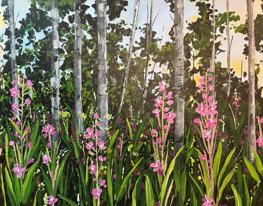 Fox tails and birch trees — original acrylic painting by Birds on a Cup

