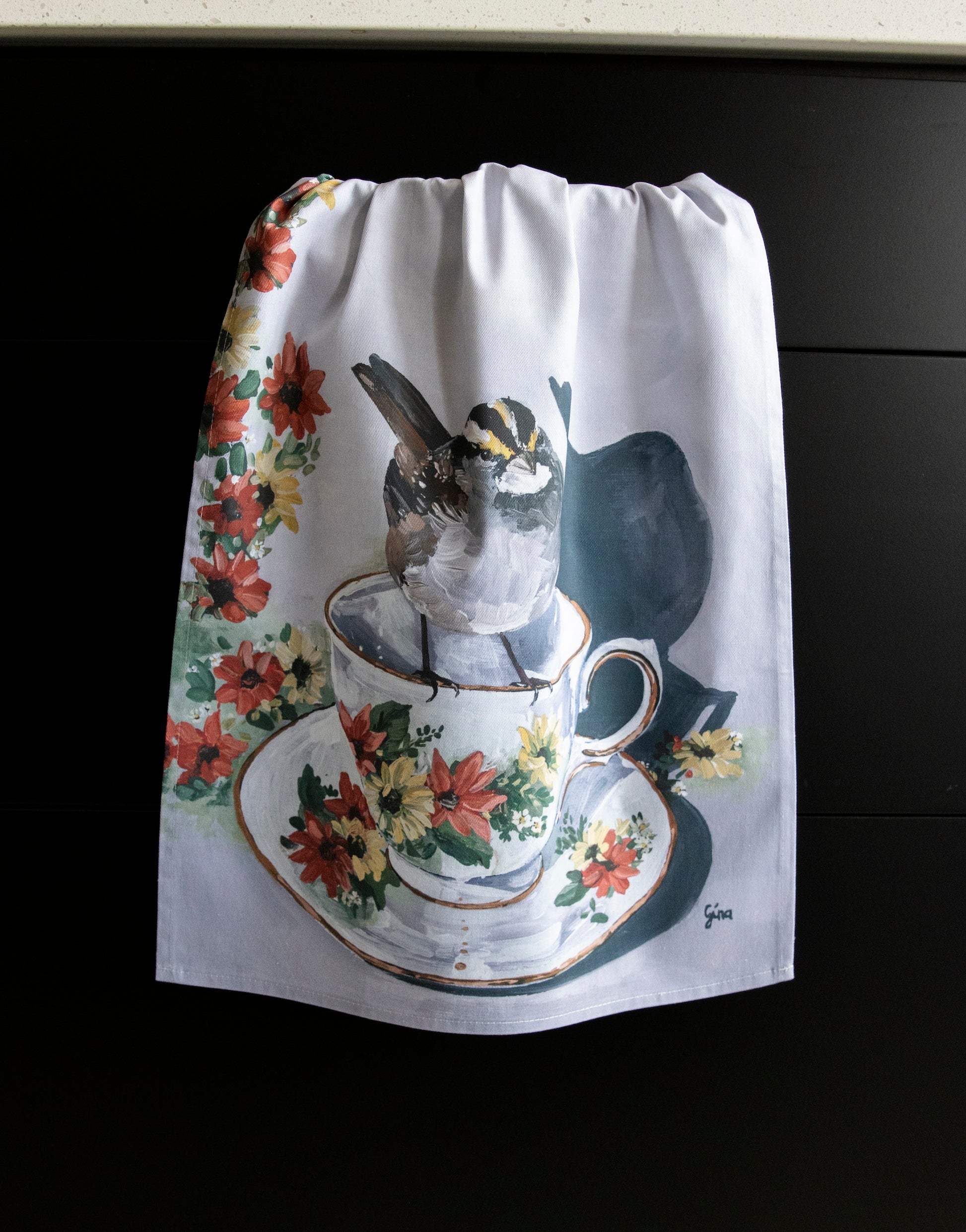 Sparrow perched on a floral tea cup — bird art tea towel by Birds on a Cup