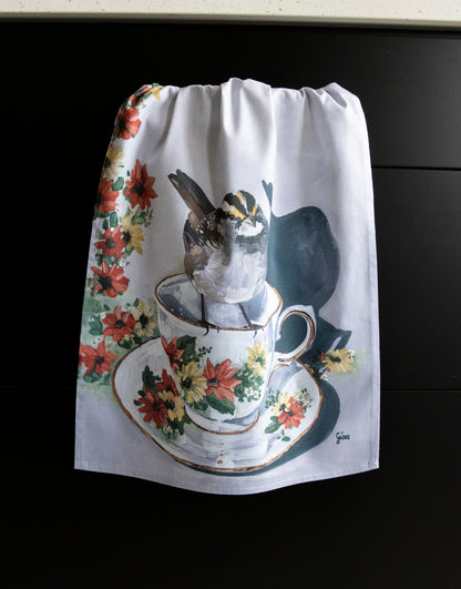 Sparrow perched on a floral tea cup — bird art tea towel by Birds on a Cup