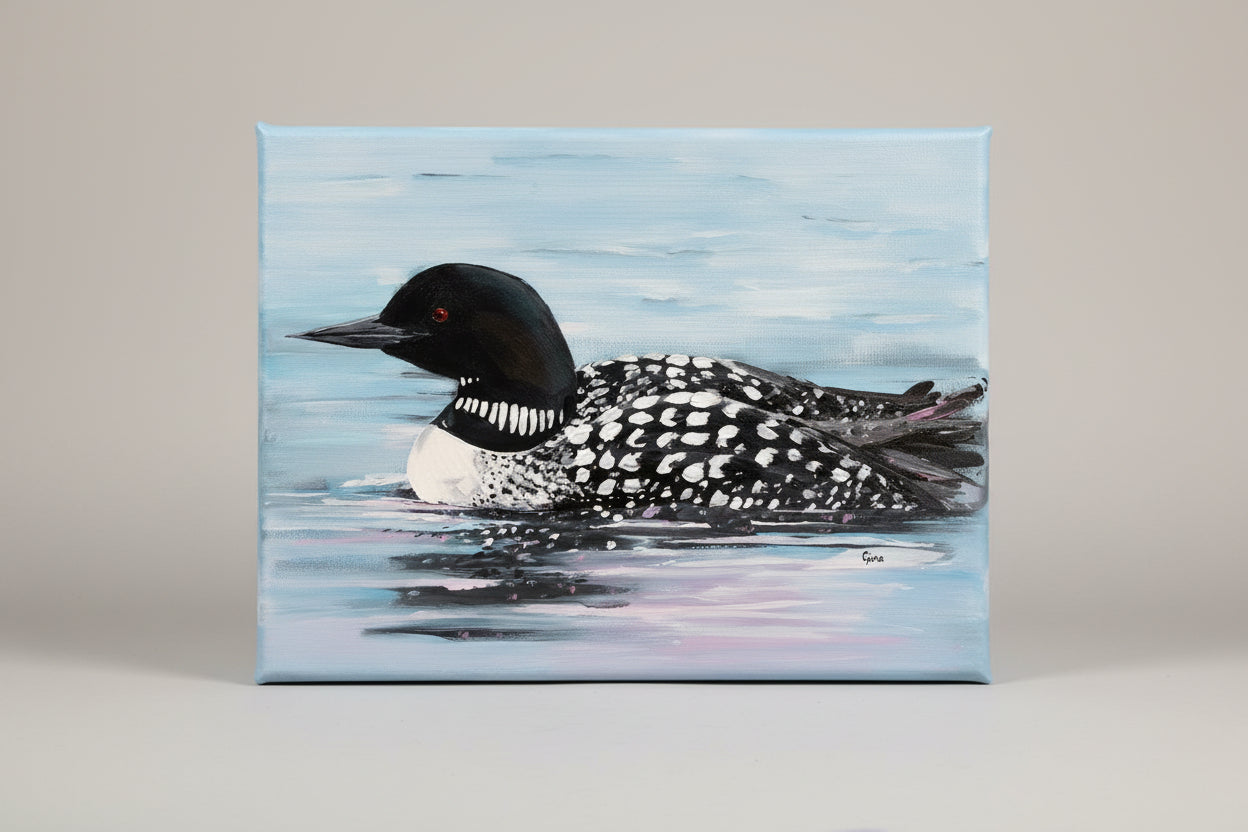 Loon floating on sunlit clear water with a tail feather ruffle — original acrylic painting by Birds on a Cup