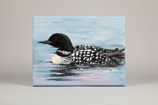 Loon floating on sunlit clear water with a tail feather ruffle — original acrylic painting by Birds on a Cup