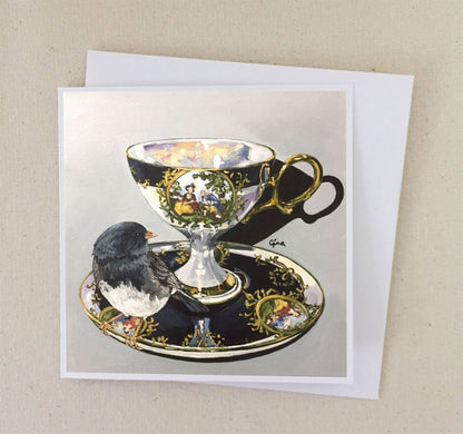 Male Dark-Eyed Junco on Antique Japanese Long Stemmed Teacup art card — Birds on a Cup