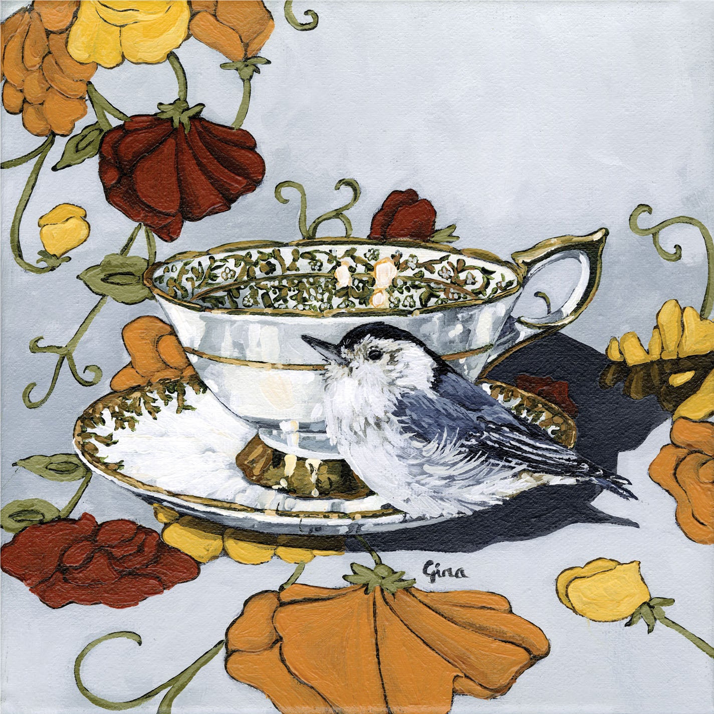 Nuthatch perched upright on a vintage gold rimmed teacup — bird art card by Birds on a Cup
