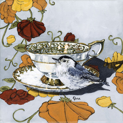 Nuthatch perched upright on a vintage gold rimmed teacup — bird art card by Birds on a Cup