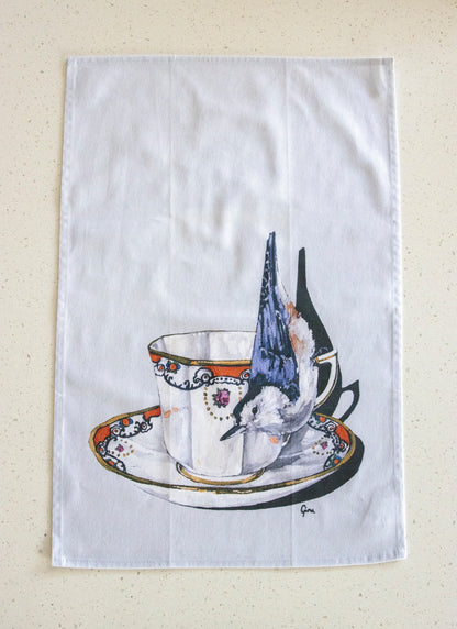 Nuthatch perched on a teacup — bird art tea towel by Birds on a Cup