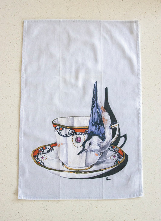 Nuthatch perched on a teacup — bird art tea towel by Birds on a Cup