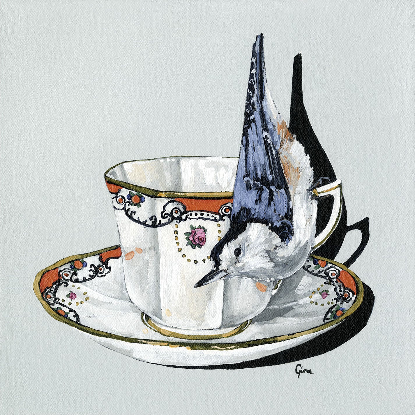 Nuthatch hanging upside down on a gold rimmed art deco teacup — bird art card by Birds on a Cup