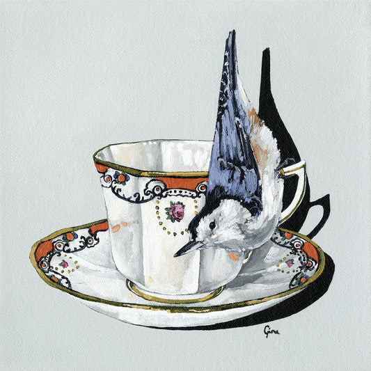 Nuthatch hanging upside down on a gold rimmed art deco teacup — bird art card by Birds on a Cup