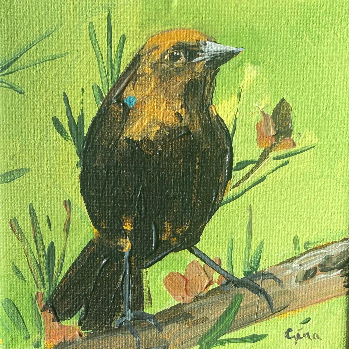 Sparrow perched boldly at the end of a branch under a luminous green sky — original acrylic painting by Birds