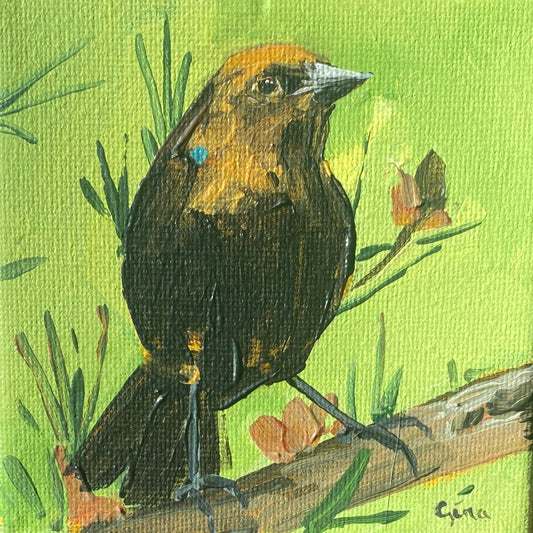 Sparrow perched boldly at the end of a branch under a luminous green sky — original acrylic painting by Birds