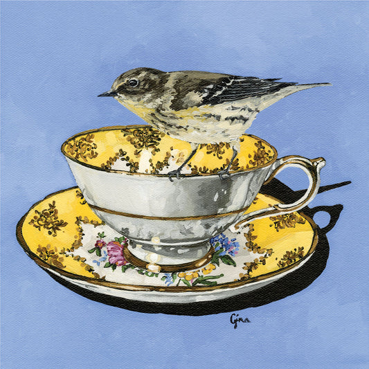 Pine Siskin perched on a yellow decorative teacup — bird art card by Birds on a Cup