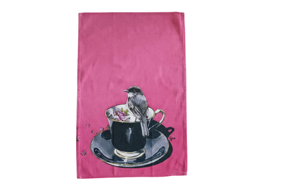 Chickadee in black and fuchsia — bird art tea towel by Birds on a Cup