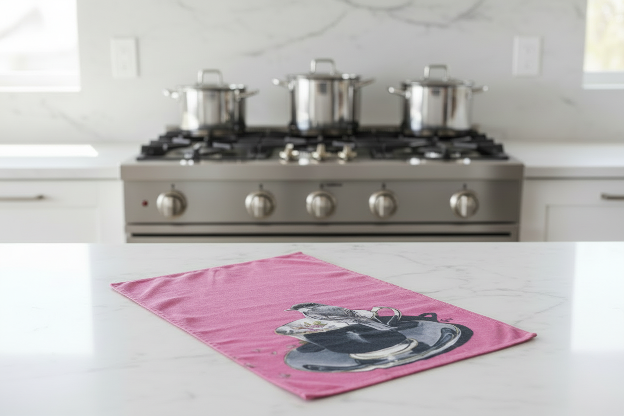 Chickadee in black and fuchsia — bird art tea towel by Birds on a Cup