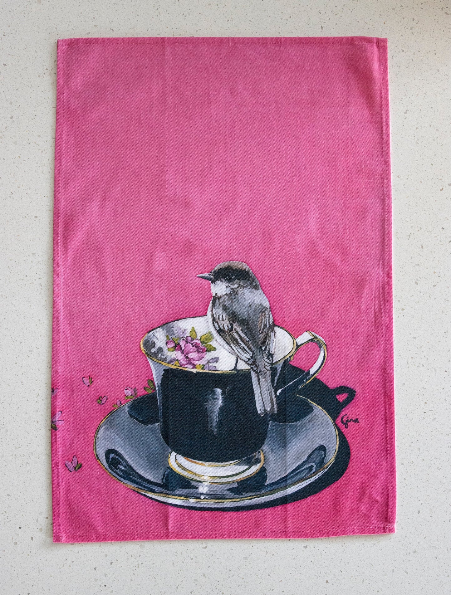 Chickadee in black and fuchsia — bird art tea towel by Birds on a Cup