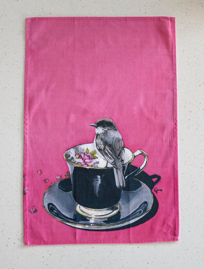 Chickadee in black and fuchsia — bird art tea towel by Birds on a Cup