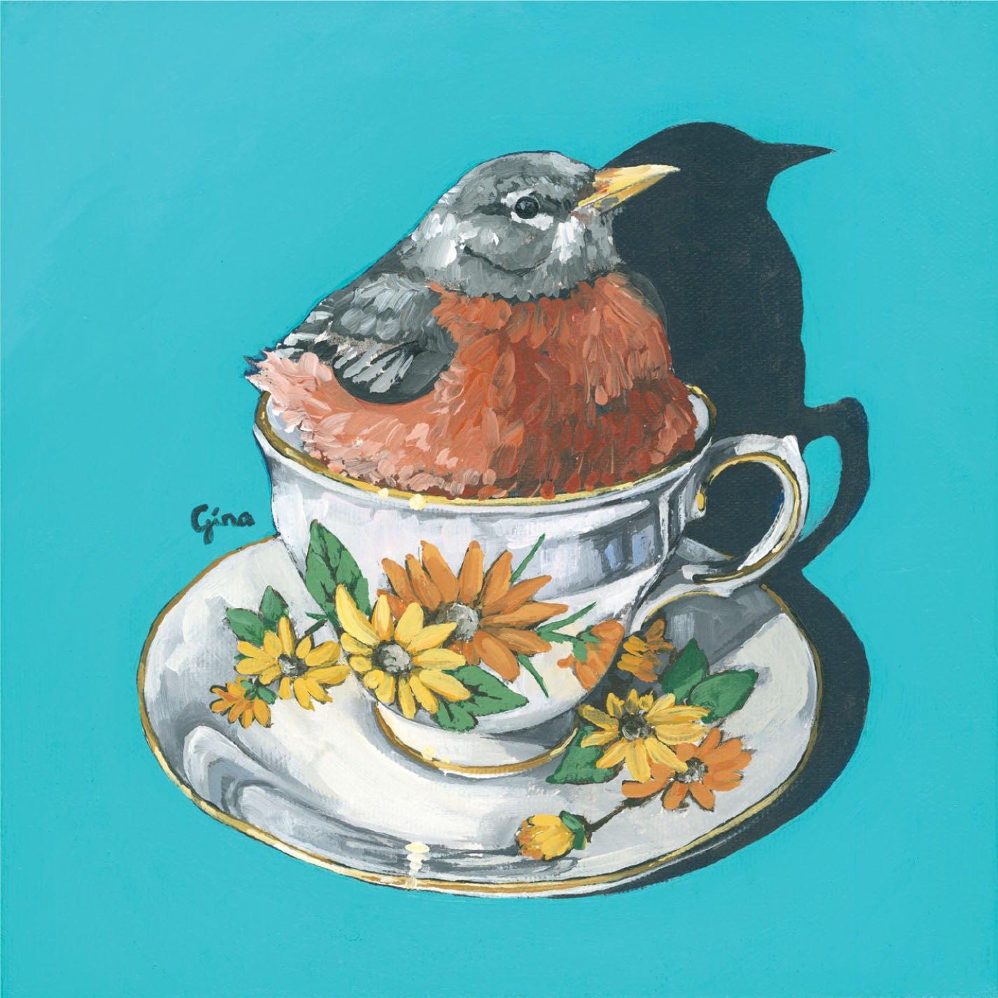 Robin nestled comfortably inside a vintage teacup — bird art card by Birds on a Cup