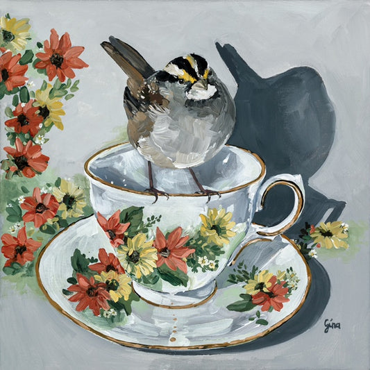Sparrow perched on a vintage floral teacup — bird art card by Birds on a Cup