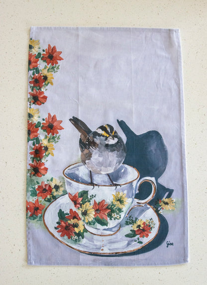 Sparrow perched on a floral tea cup — bird art tea towel by Birds on a Cup