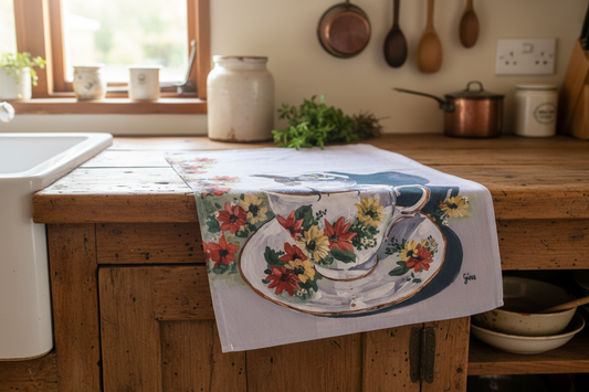 Sparrow perched on a floral tea cup — bird art tea towel by Birds on a Cup