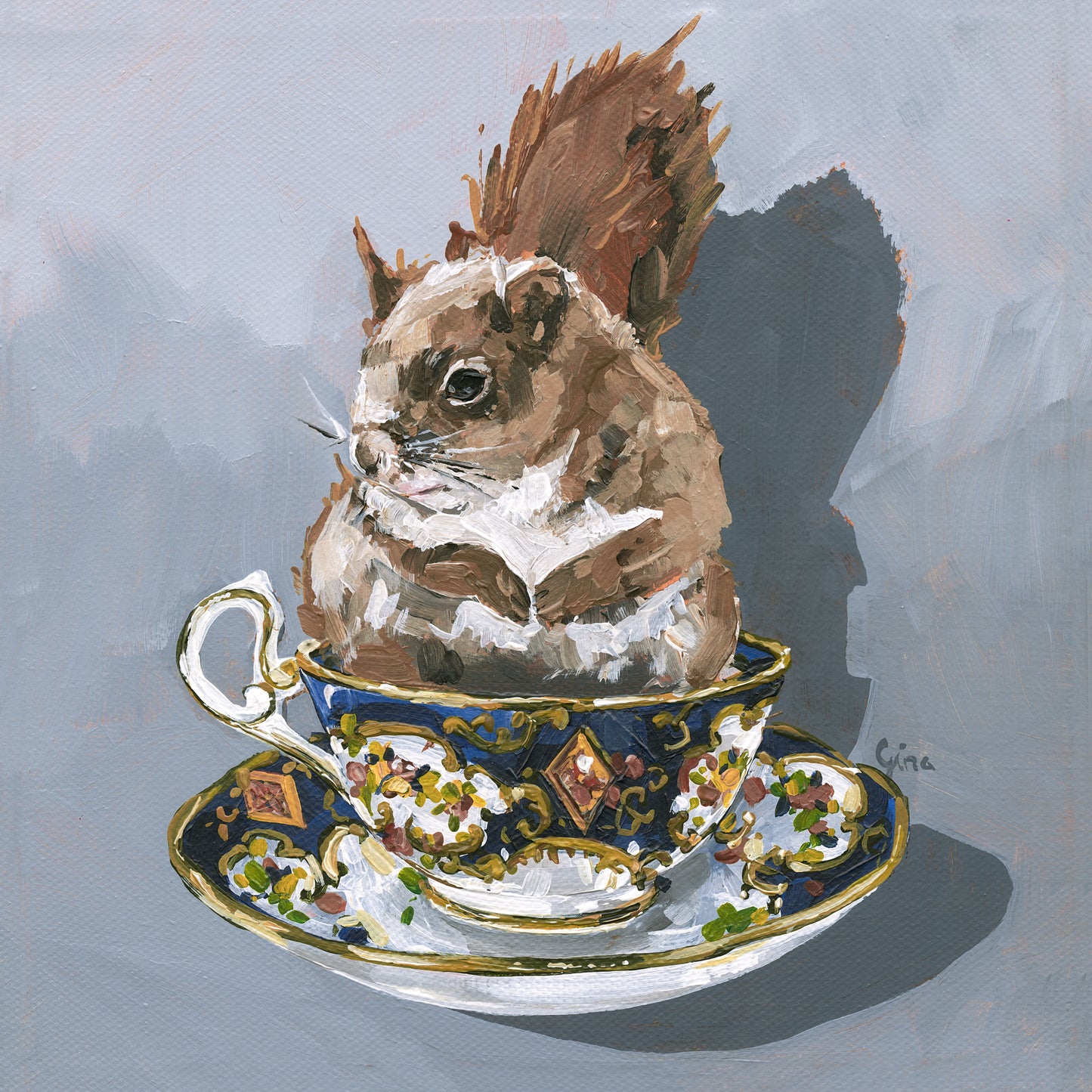 Squirrel tucked into a vintage teacup — whimsical wildlife art card by Birds on a Cup