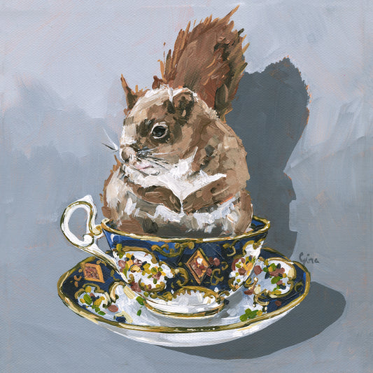 Squirrel tucked into a vintage teacup — whimsical wildlife art card by Birds on a Cup
